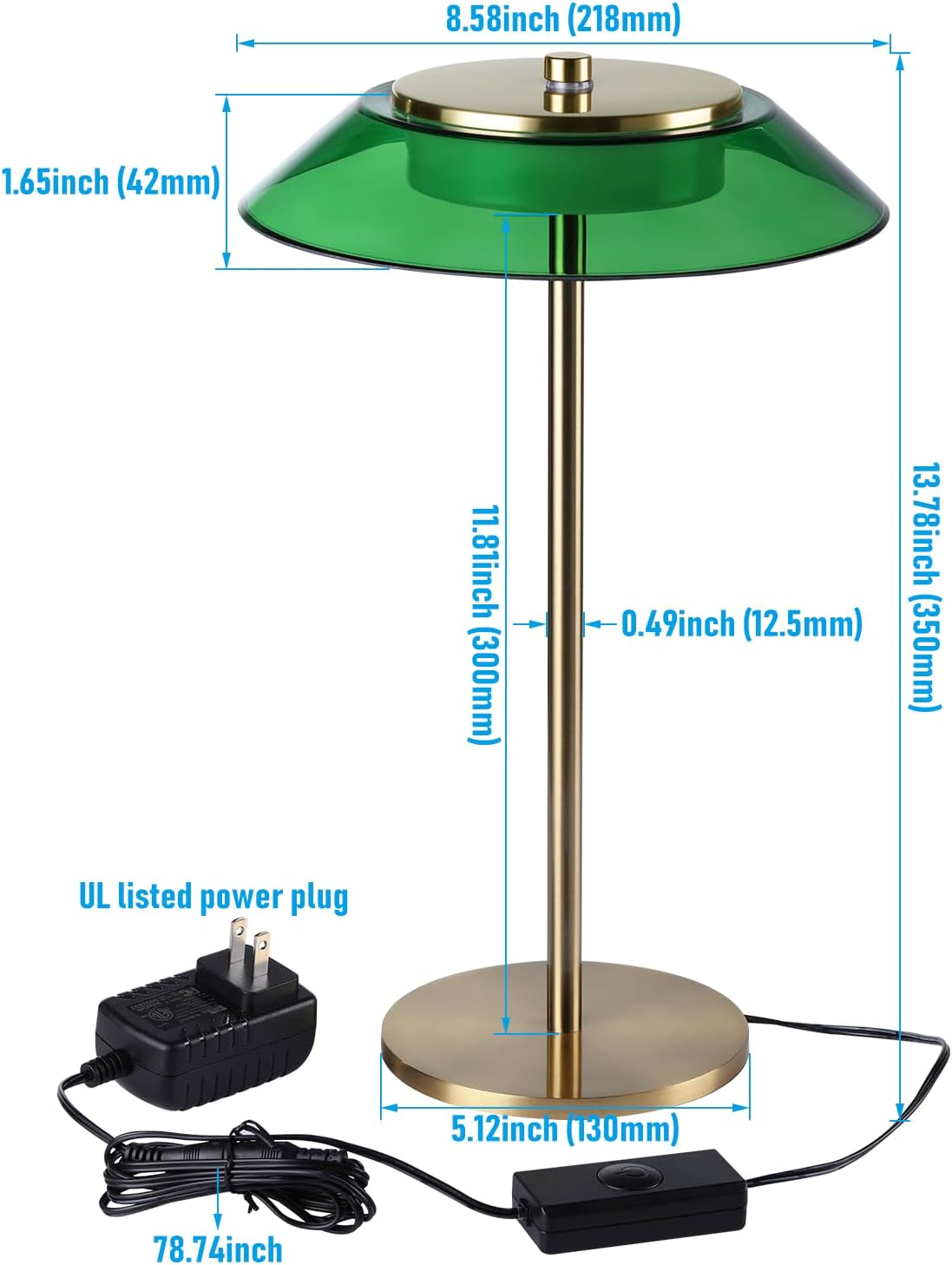 Green Glass LED Desk Lamp, 3-Step Dimmable Desk Lamps with Antique Brass Body