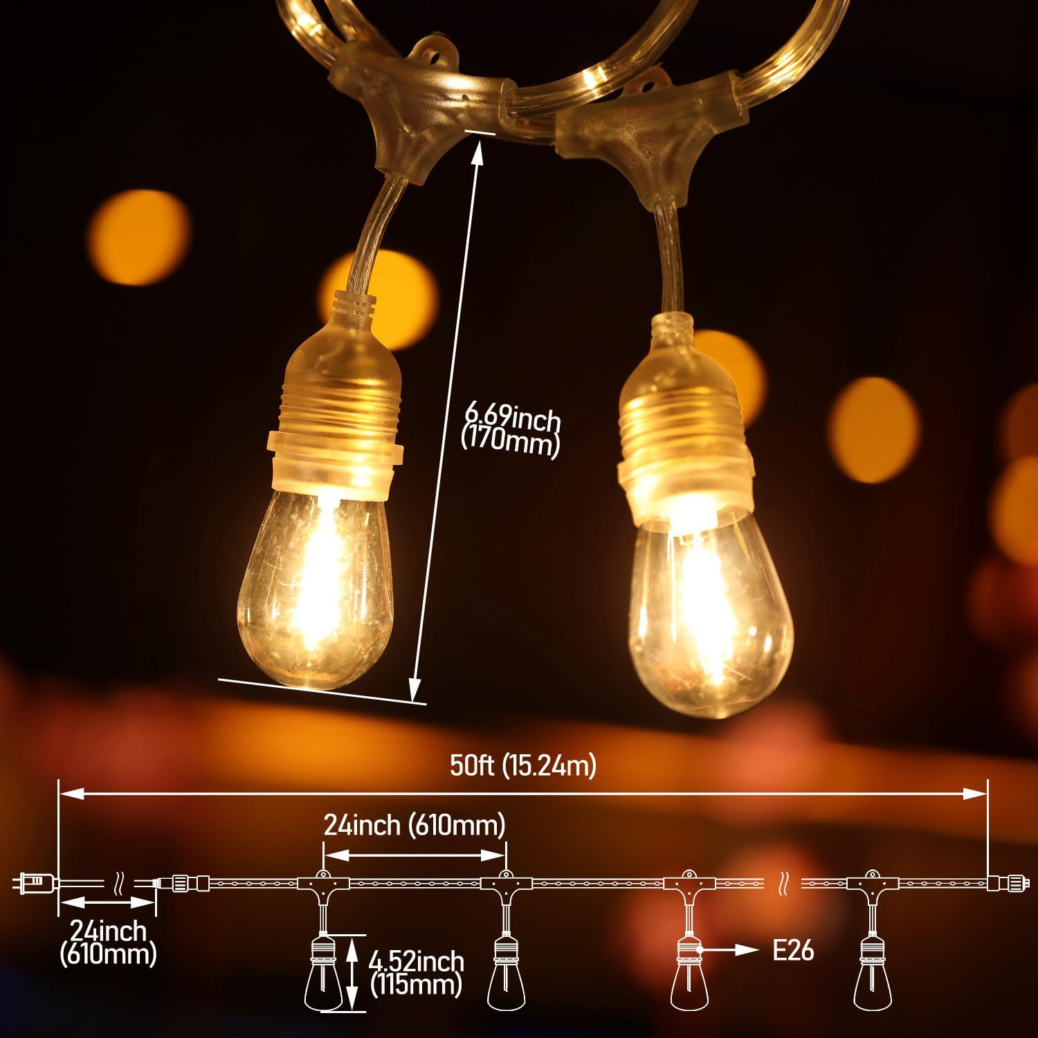 TwinkleTrail 48' LED Outdoor String Lights - Crystal Clear 24 Sockets Bulbs Included