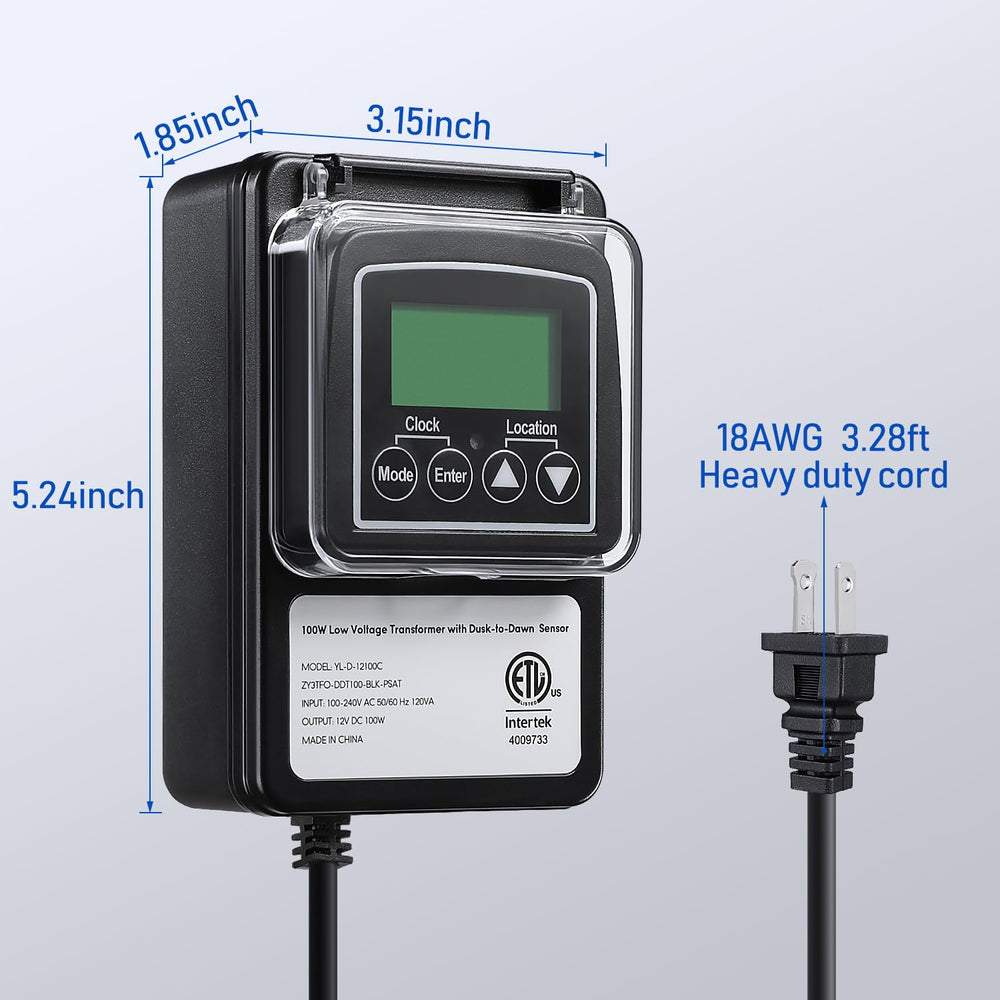 Outdoor Low Voltage Transformer with Timer & Photocell Light Sensor- 12V 100W DC Output