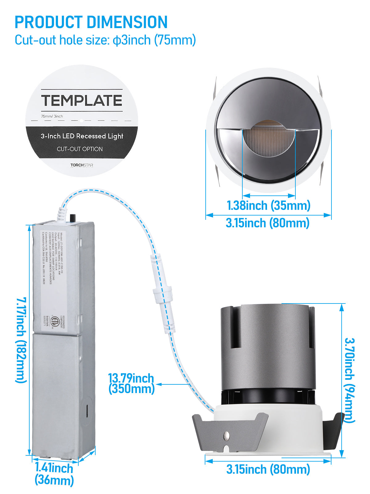 TORCHSTAR 3" Directional Reflector LED Wall Washer Recessed Lights - 5CCT