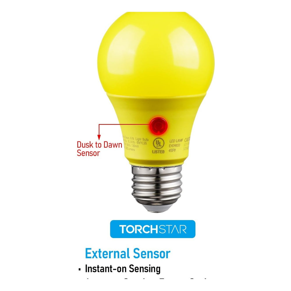 TORCHSTAR A19 LED Dusk-to-Dawn Light Bulb - E26 Base - 9W - 2700K Yellow Housing