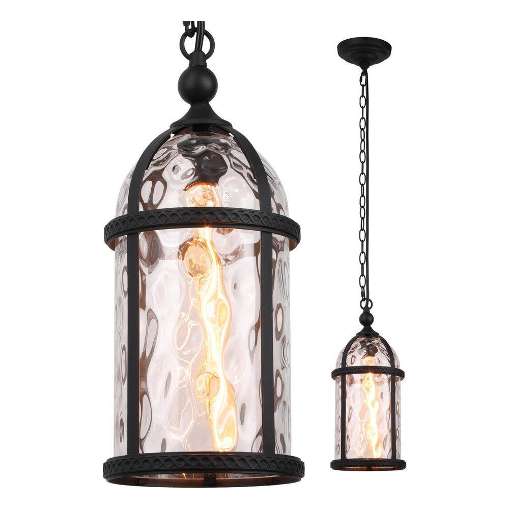 TORCHSTAR 18 Inch Round Birdcage Water Ripple Glass E26 Outdoor Pendant Light - E26 Base - Black