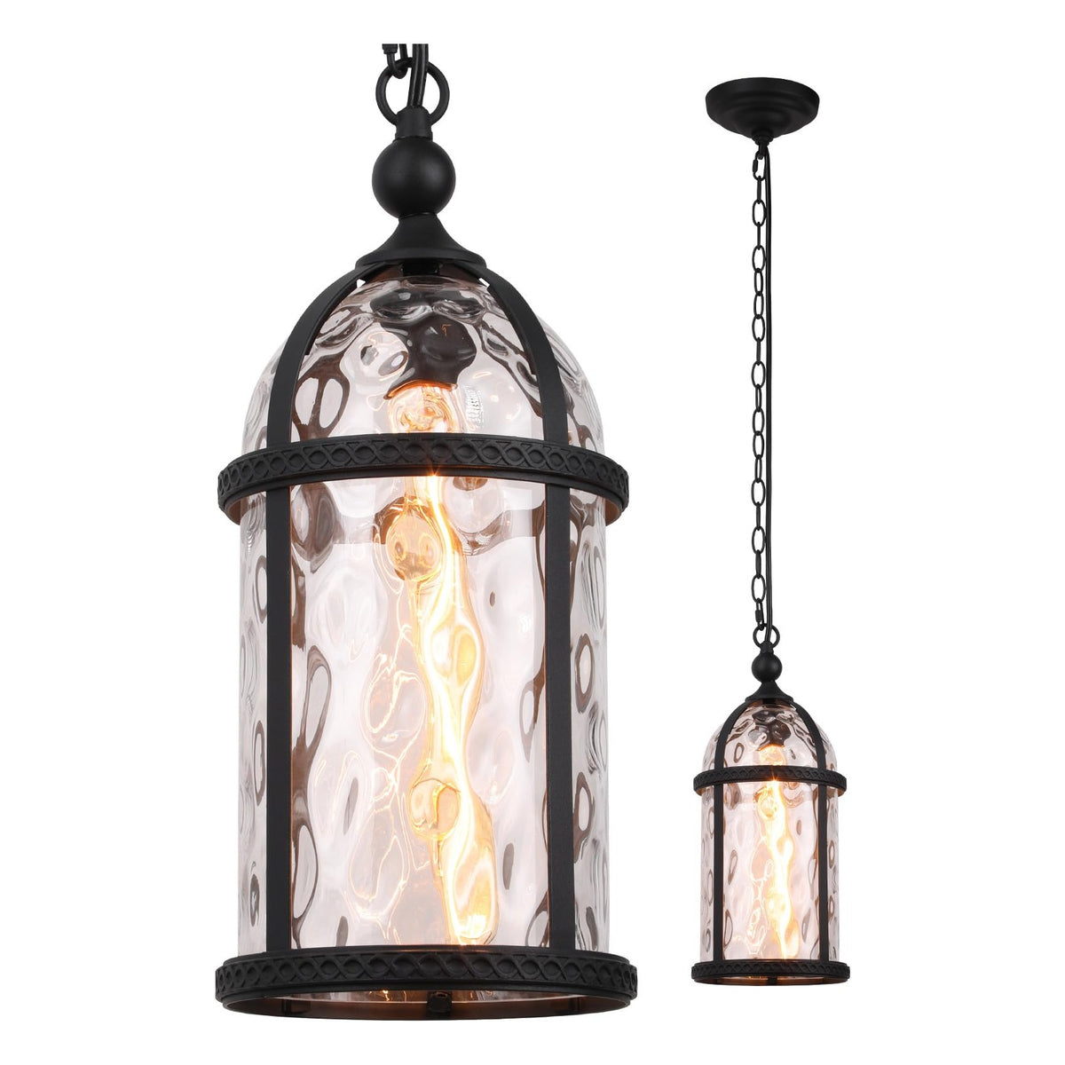 TORCHSTAR 18 Inch Round Birdcage Water Ripple Glass E26 Outdoor Pendant Light - E26 Base - Black