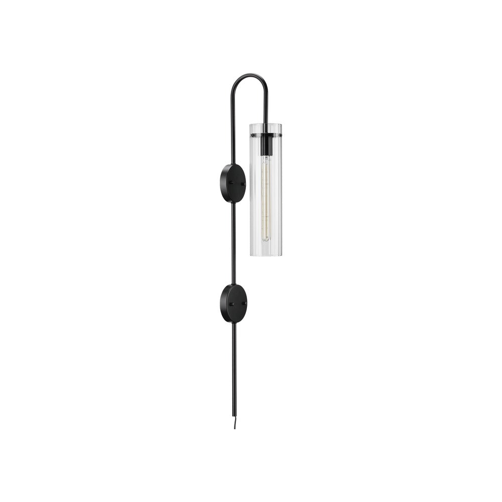 TORCHSTAR 41-Inch Plug-In E26 Wall Sconce with Dual Canopy - Clear Ribbed Glass / Black