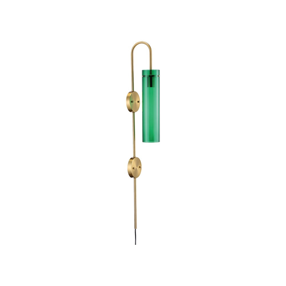 TORCHSTAR 41-Inch Plug-In E26 Wall Sconce with Dual Canopy - Green Ribbed Glass / Gold