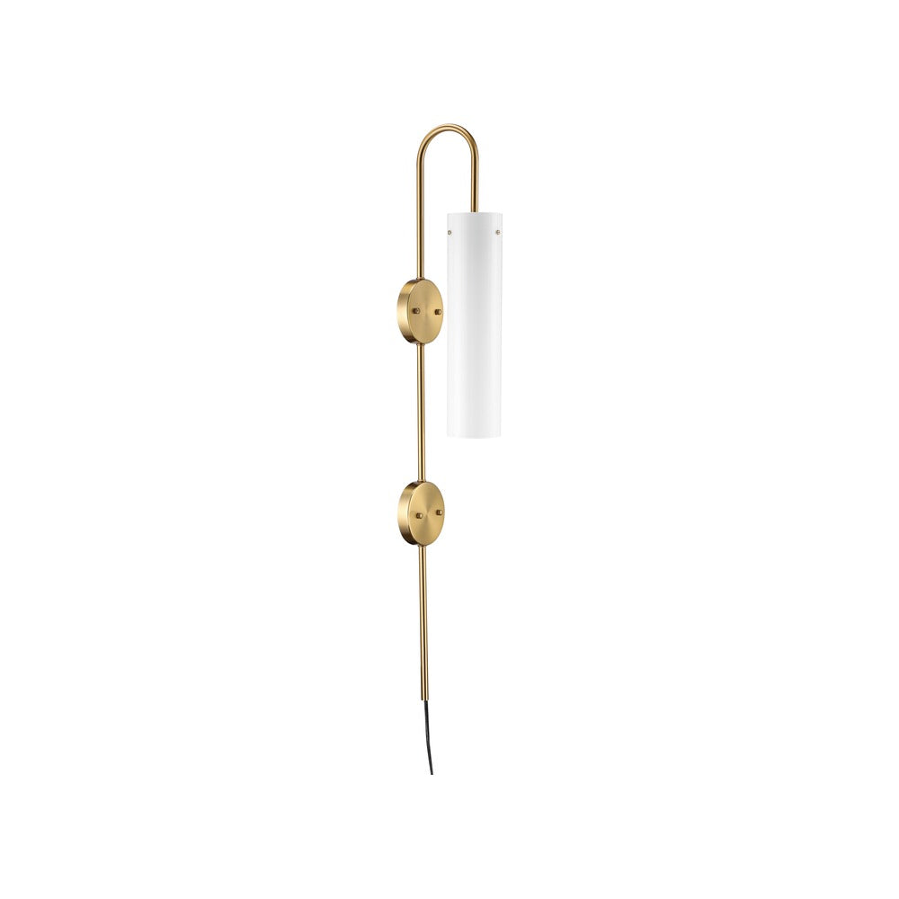 TORCHSTAR 41-Inch Plug-In E26 Wall Sconce with Dual Canopy - Frosted Opal Ribbed Glass / Gold