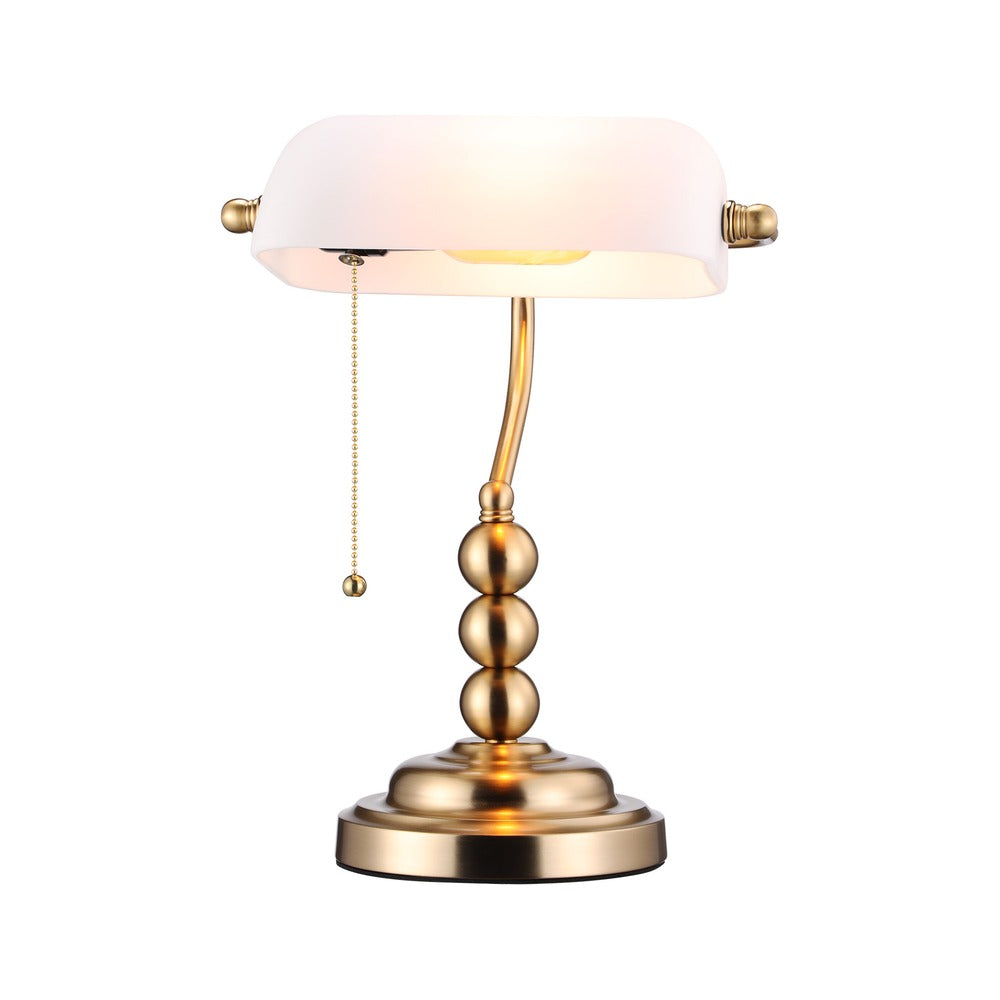 TORCHSTAR Ivory White Glass Banker’s Desk Lamp with Pull-Chain Switch - E26
