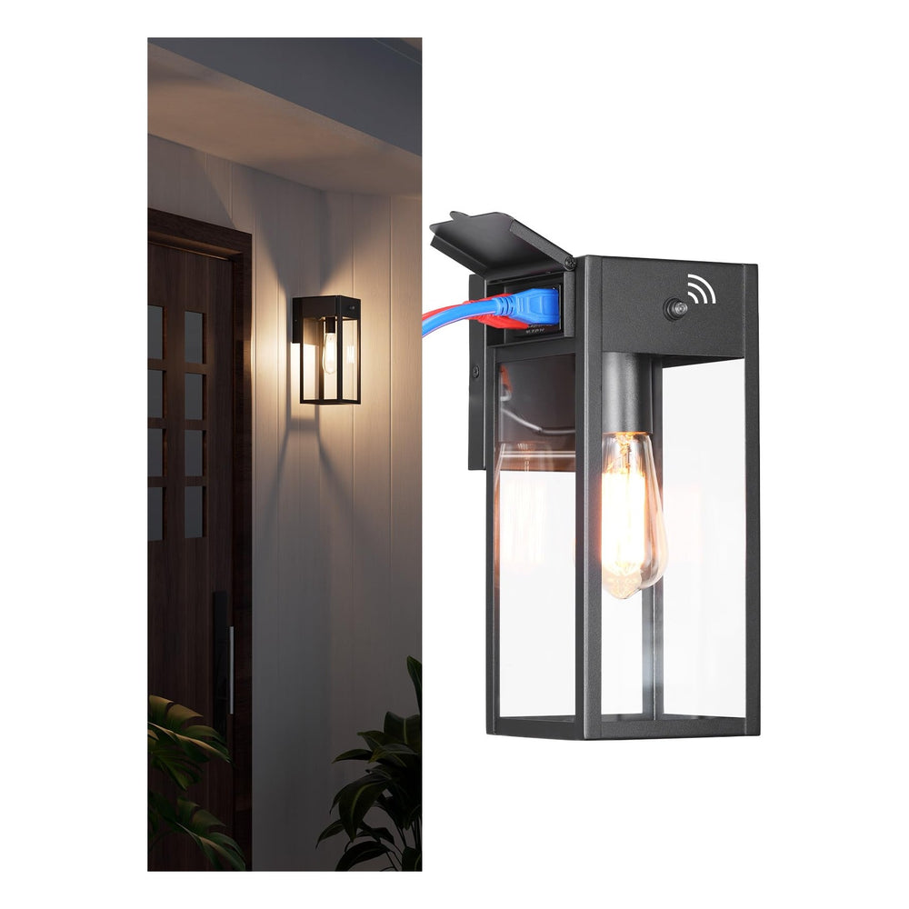 TORCHSTAR 12 Inch Rectangular Glass Lantern Dusk to Dawn Outdoor Wall Light with GFCI - E26 Base - Black