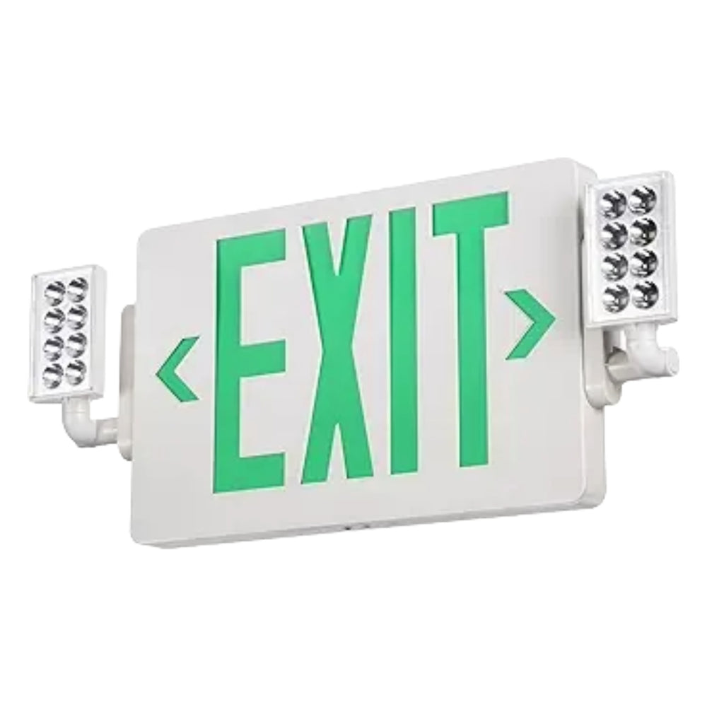 TORCHSTAR LED Exit Sign with Dual Emergency Lights - 2W - Green Letters - White