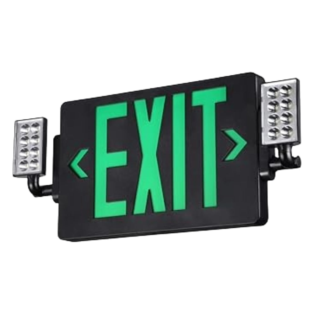 TORCHSTAR LED Exit Sign with Dual Emergency Lights - 2W - Green Letters - Black