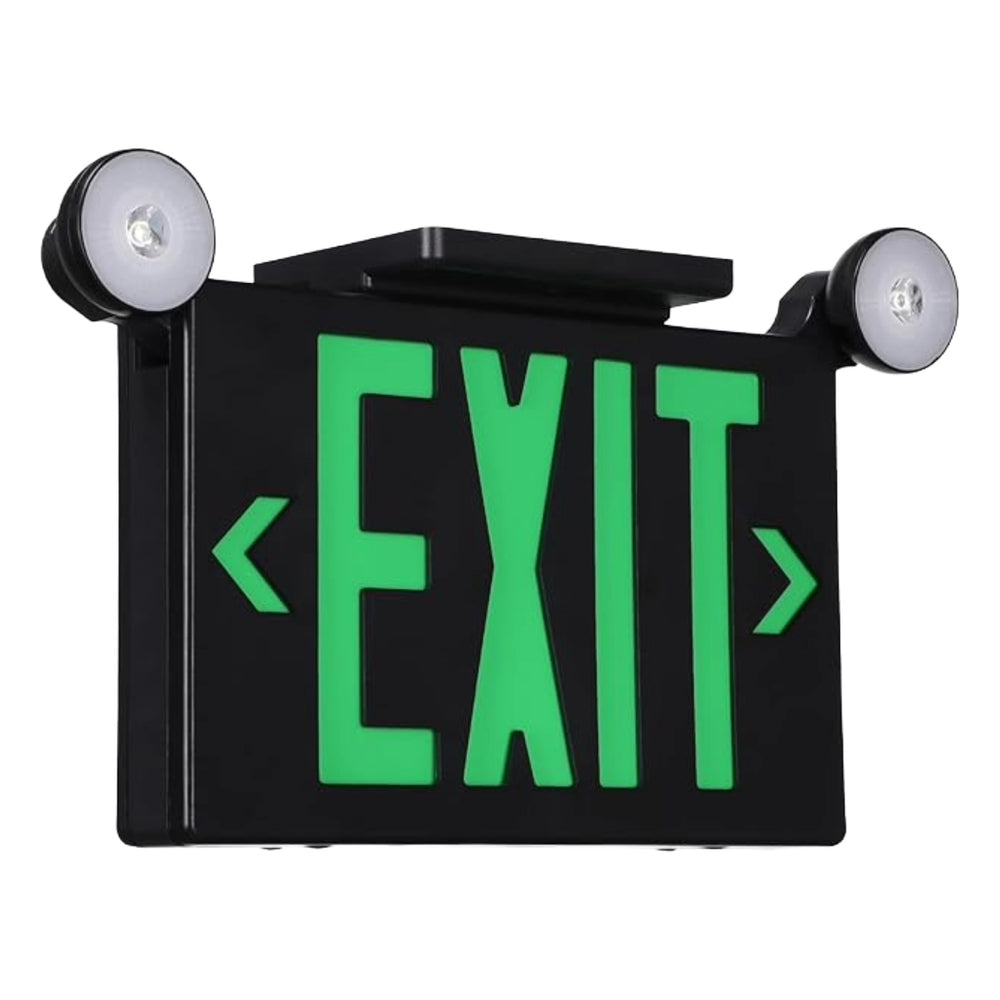 TORCHSTAR LED Exit Sign with Dual Emergency Heads - Green Letters - Black