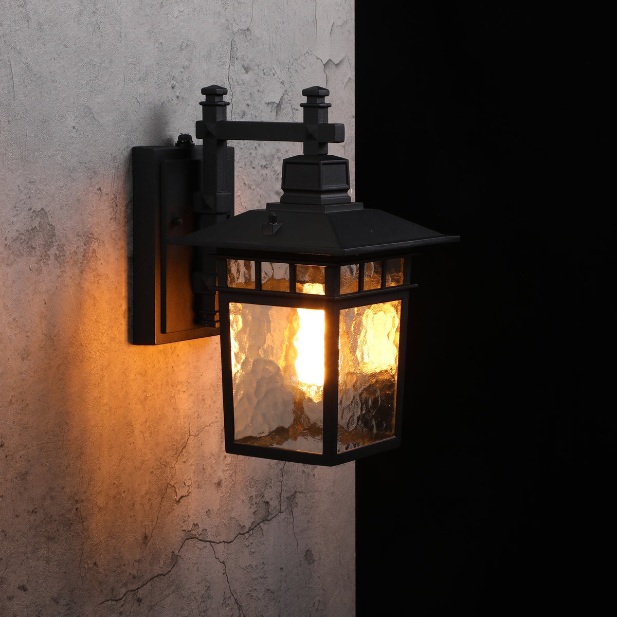 TORCHSTAR 12 Inch Water Ripple Glass Lantern Dusk to Dawn Outdoor Wall Light - E26 Base - Black