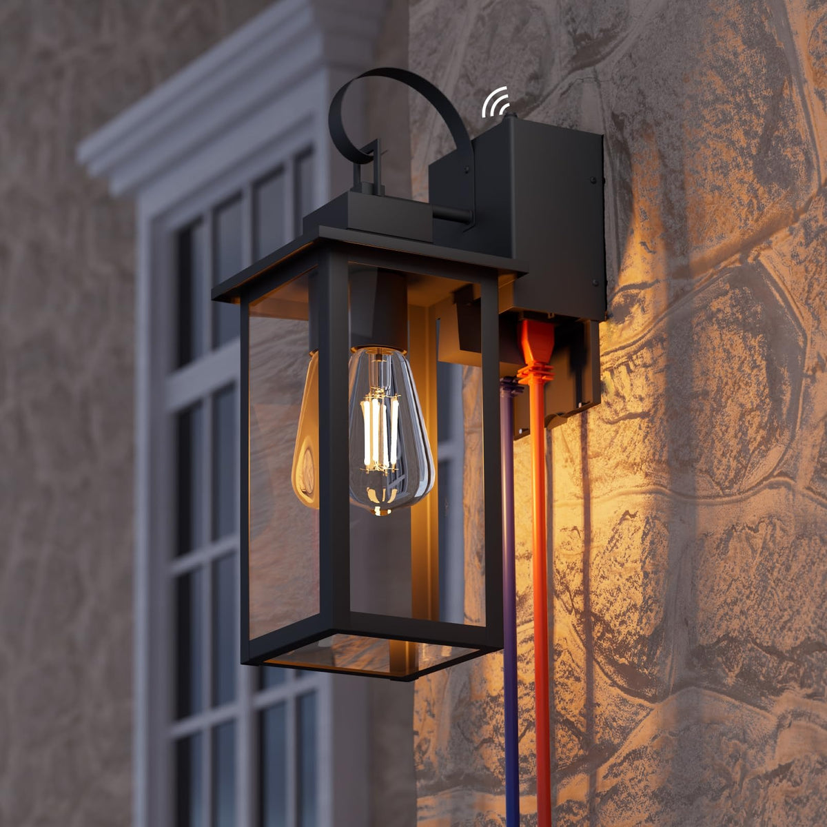 TORCHSTAR 16 Inch Four-Sided Glass Lantern Dusk to Dawn Outdoor Wall Light with GFCI - E26 Base - Black