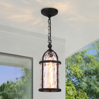TORCHSTAR 18 Inch Round Birdcage Water Ripple Glass E26 Outdoor Pendant Light - E26 Base - Black