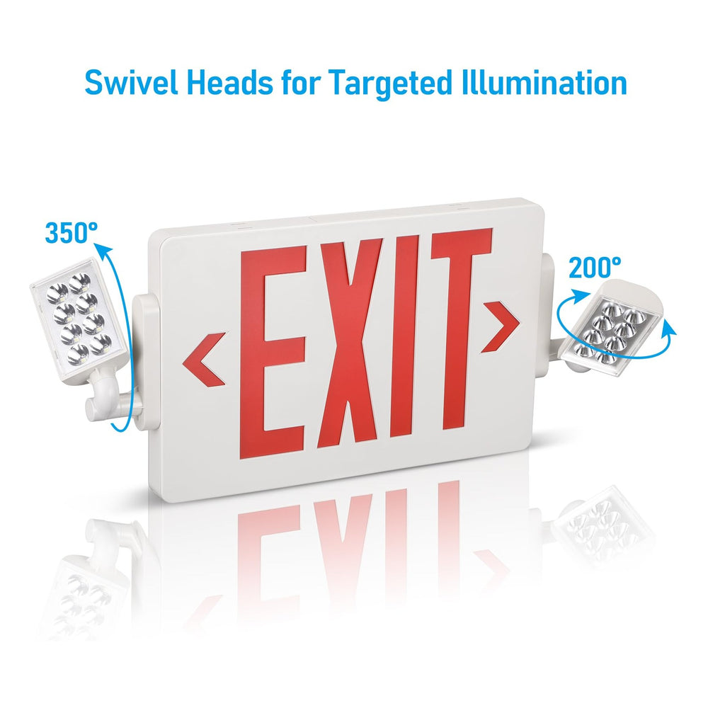 TORCHSTAR LED Exit Sign with Dual Emergency Lights - 2W - Red Letters - White