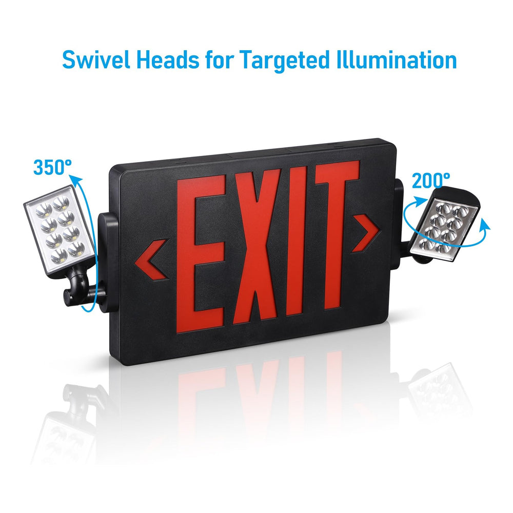 TORCHSTAR LED Exit Sign with Dual Emergency Lights - 2W - Red Letters - Black