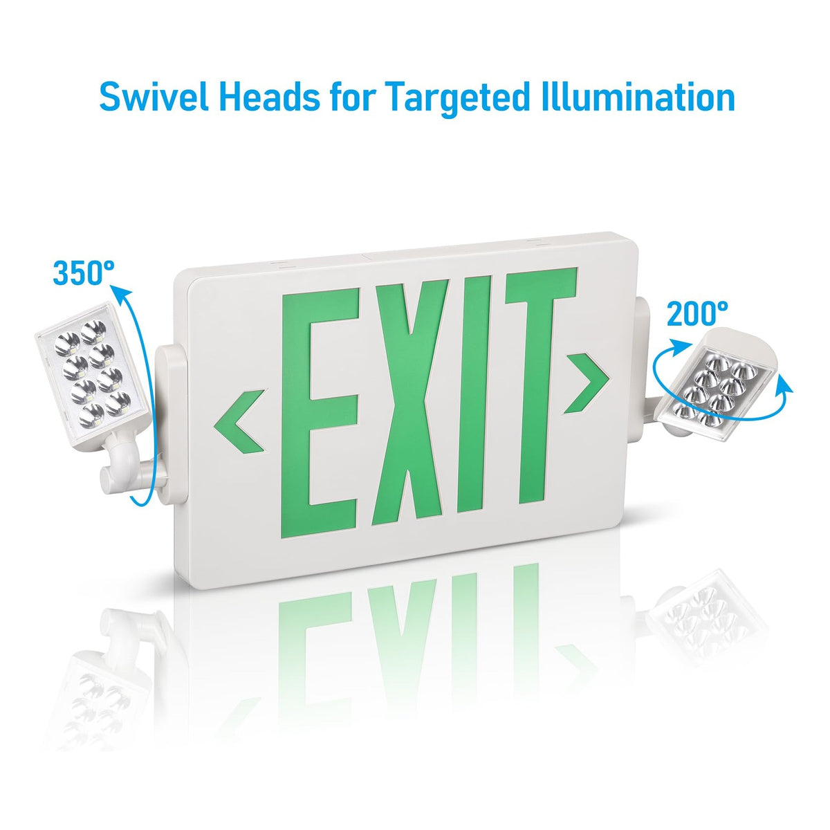 TORCHSTAR LED Exit Sign with Dual Emergency Lights - 2W - Green Letters - White