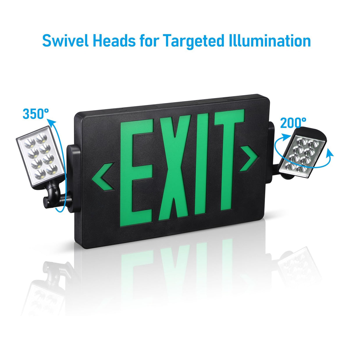 TORCHSTAR LED Exit Sign with Dual Emergency Lights - 2W - Green Letters - Black