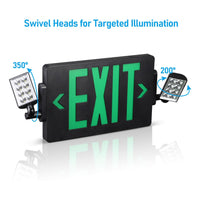 TORCHSTAR LED Exit Sign with Dual Emergency Lights - 2W - Green Letters - Black