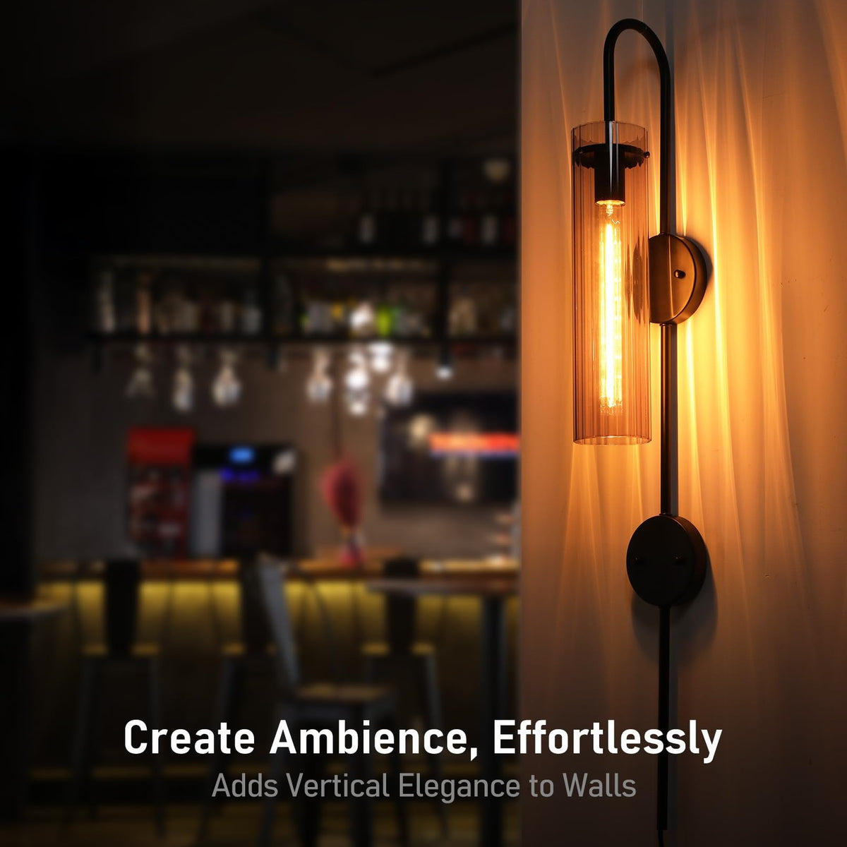 TORCHSTAR 41-Inch Plug-In E26 Wall Sconce with Dual Canopy - Smoke Gray Ribbed Glass / Black