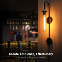 TORCHSTAR 41-Inch Plug-In E26 Wall Sconce with Dual Canopy - Clear Ribbed Glass / Black