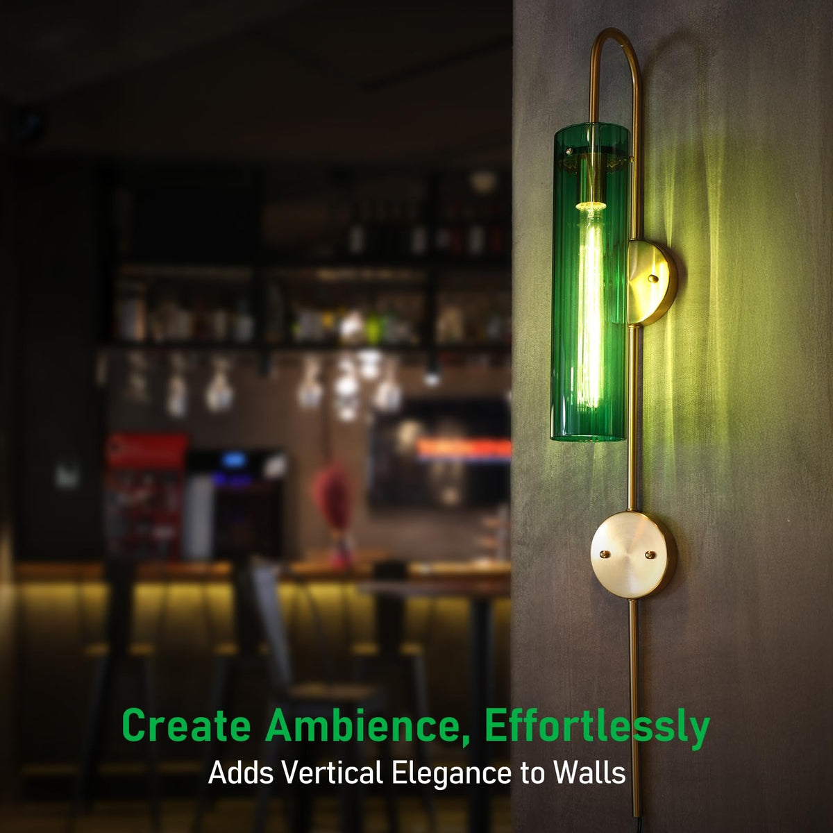 TORCHSTAR 41-Inch Plug-In E26 Wall Sconce with Dual Canopy - Green Ribbed Glass / Gold