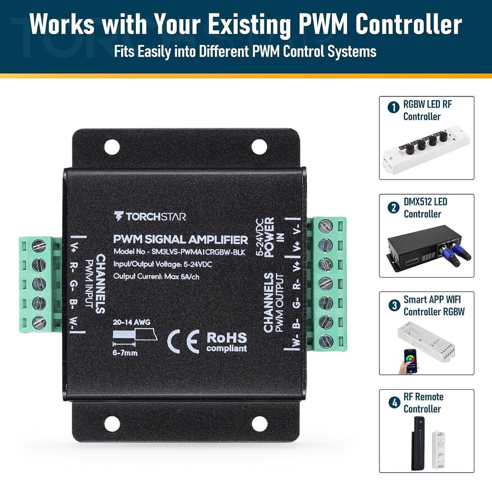 TORCHSTAR RGBW PWM LED Strip Signal Amplifier - 5-24V DC - 5A/Channel