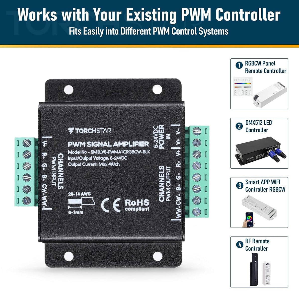 TORCHSTAR RGBCW PWM LED Strip Signal Amplifier - 5-24V DC - 4A/Channel