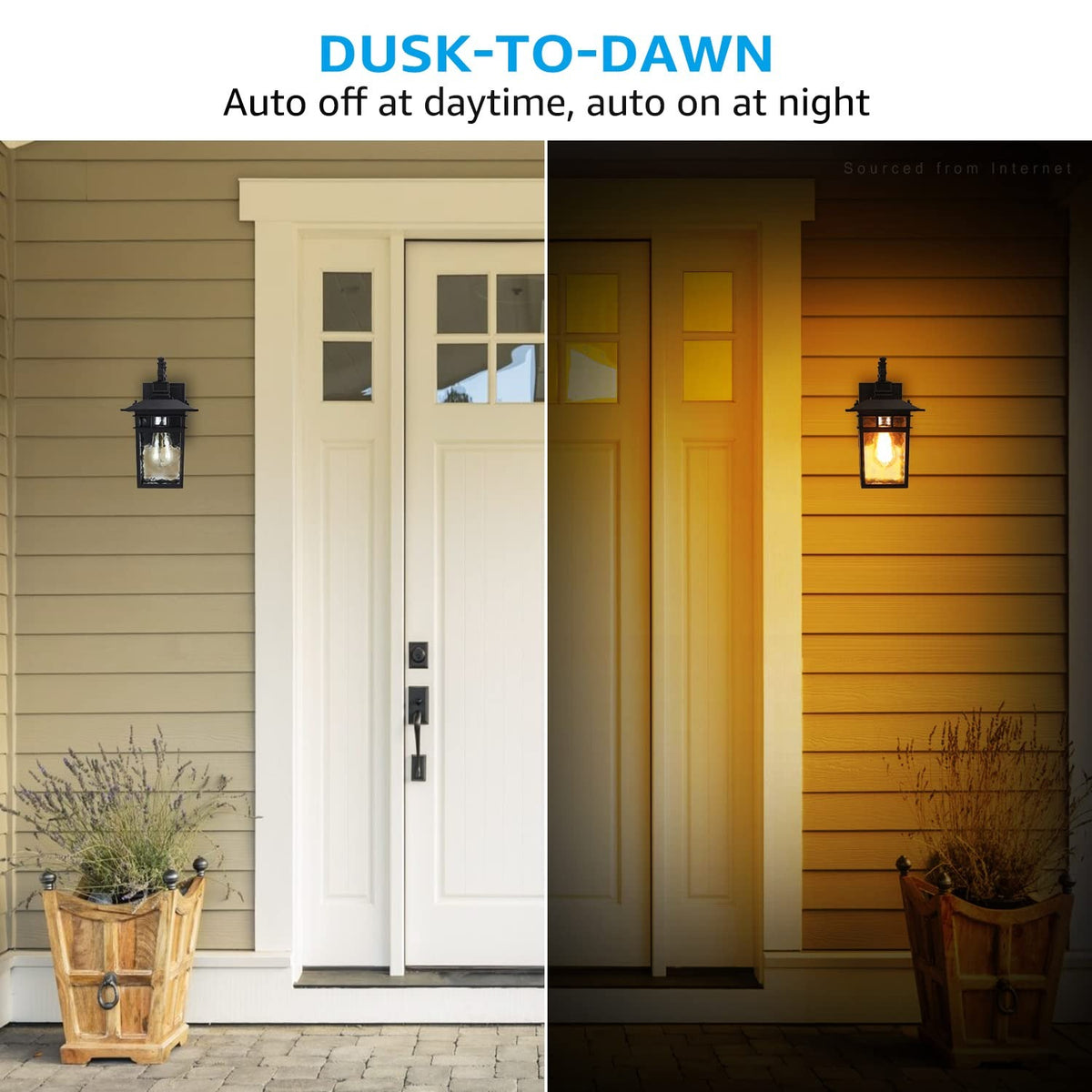 TORCHSTAR 12 Inch Water Ripple Glass Lantern Dusk to Dawn Outdoor Wall Light - E26 Base - Black