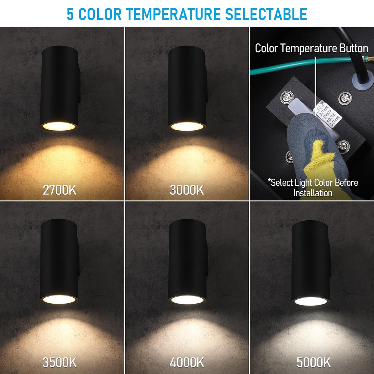 TORCHSTAR 12 Inch Round Cylinder LED Down Outdoor Wall Light - 15W - 5CCT - Black