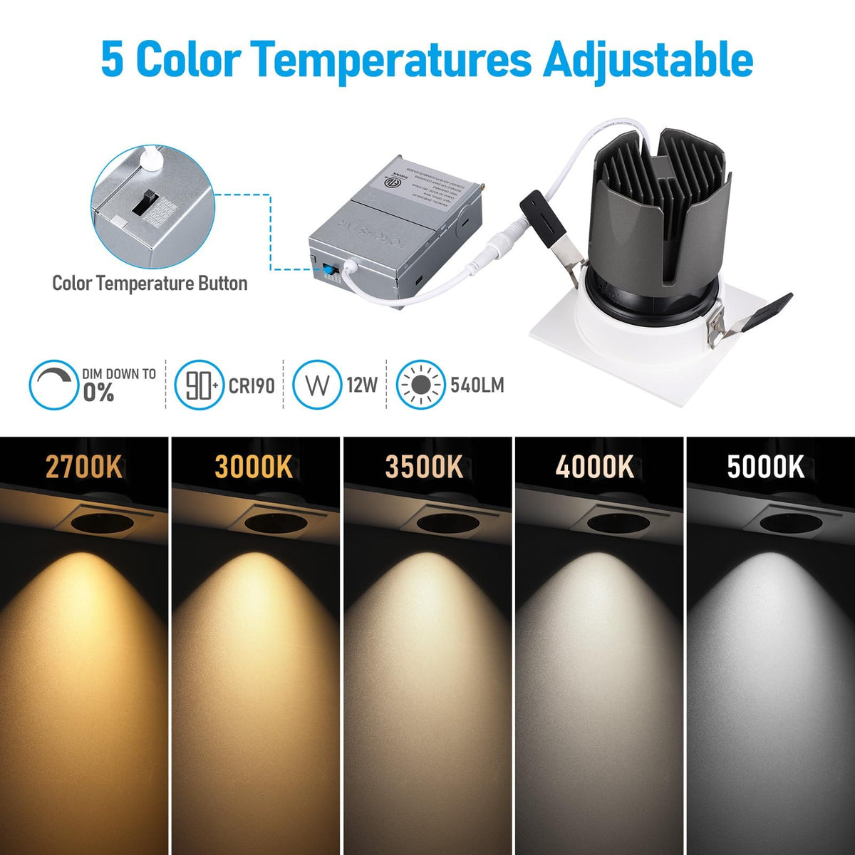 TORCHSTAR 4-Inch Square Deep Anti-Glare LED Recessed Light with J-Box - 12W - 5CCT White