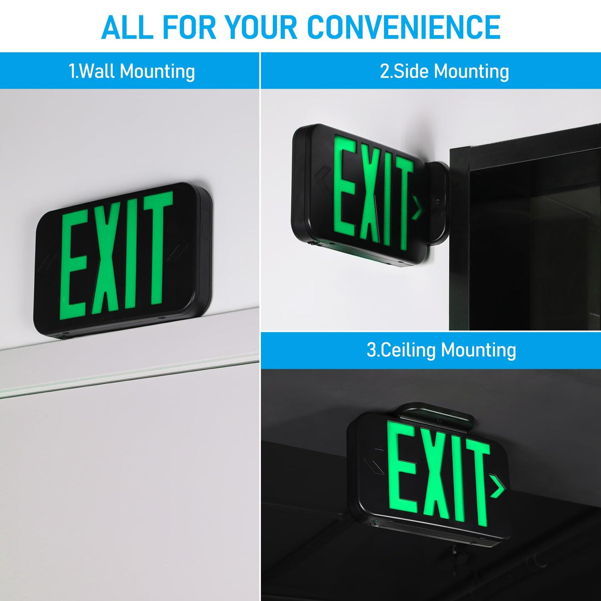 TORCHSTAR LED Exit Sign with Battery Backup - Green Letters - Black