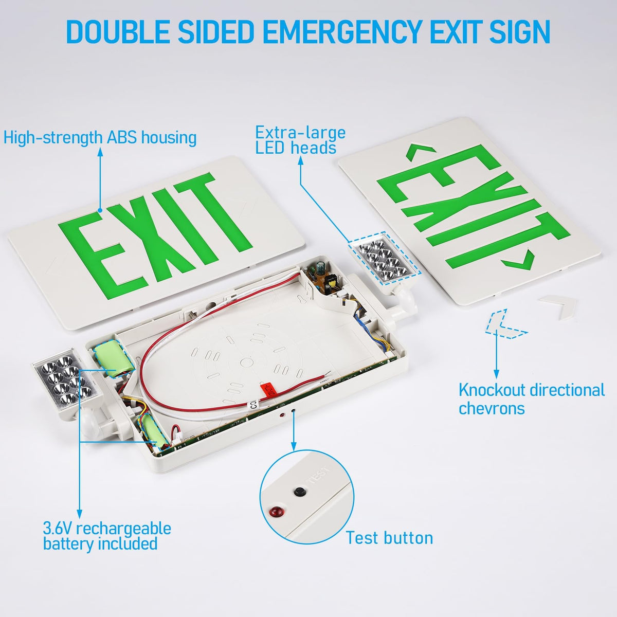 TORCHSTAR LED Exit Sign with Dual Emergency Lights - 2W - Green Letters - White