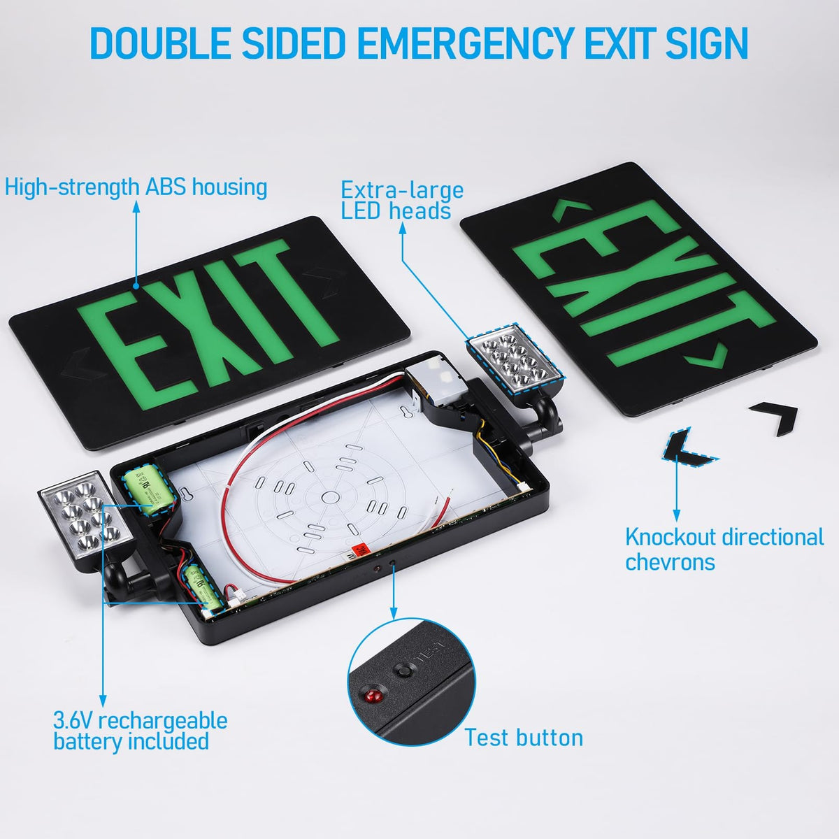 TORCHSTAR LED Exit Sign with Dual Emergency Lights - 2W - Green Letters - Black