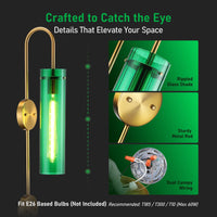 TORCHSTAR 41-Inch Plug-In E26 Wall Sconce with Dual Canopy - Green Ribbed Glass / Gold