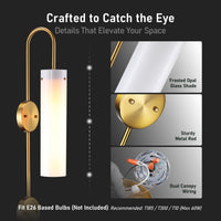 TORCHSTAR 41-Inch Plug-In E26 Wall Sconce with Dual Canopy - Frosted Opal Ribbed Glass / Gold