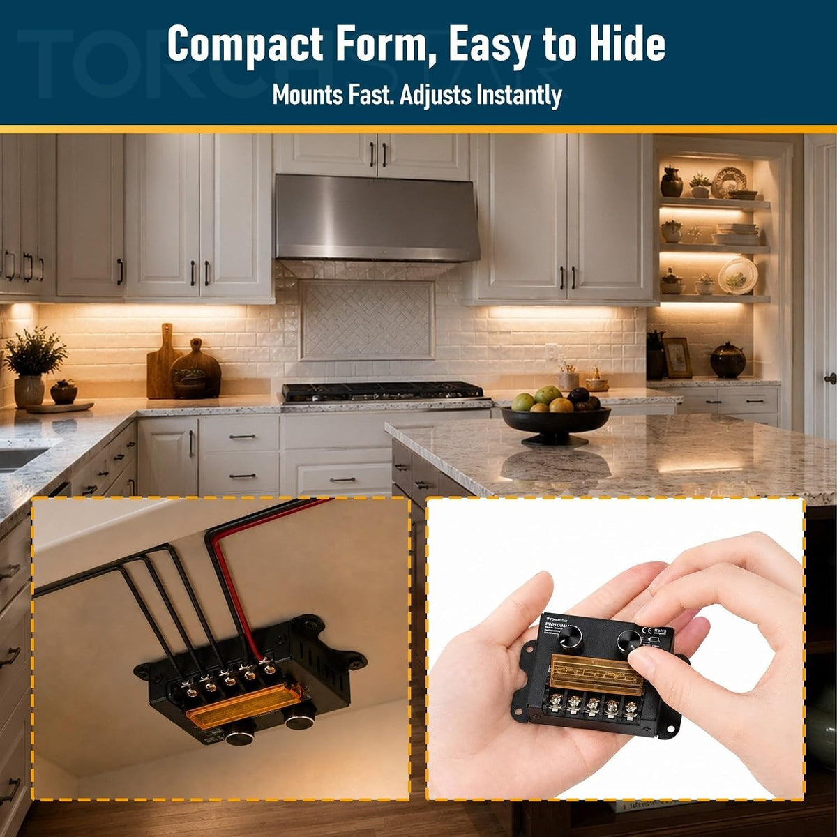 TORCHSTAR Two-Channel PWM LED Strip Dimmer for Single-Color or CCT - 5-24V DC - Black