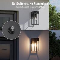TORCHSTAR 12 Inch Rectangular Glass Lantern Dusk to Dawn Outdoor Wall Light with GFCI - E26 Base - Black