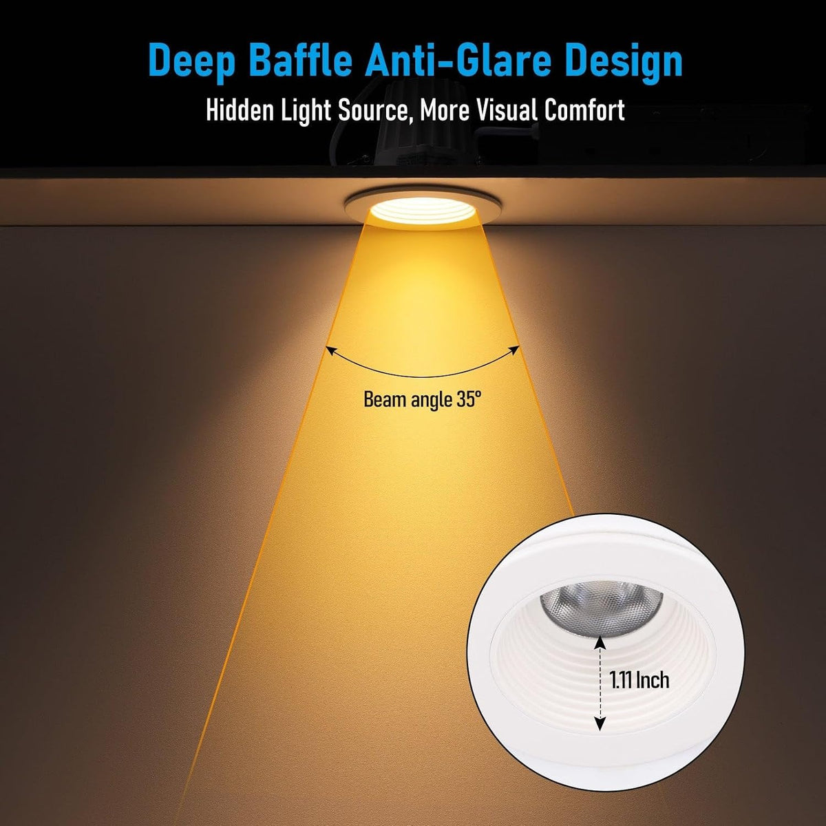 TORCHSTAR 3-Inch Deep Anti-Glare LED Recessed Light with J-Box - 12W - 5CCT White