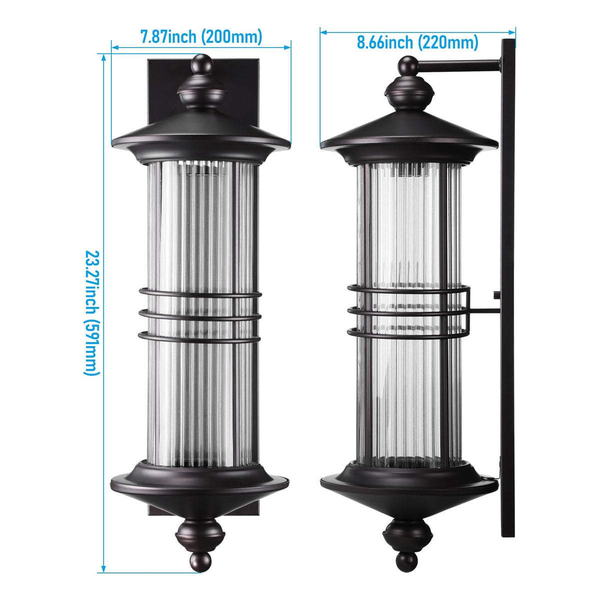 TORCHSTAR 23 Inch Three-Ring Ribbed Glass Lantern E26 Outdoor Wall Light - E26 Base - Oil Rubbed Bronze