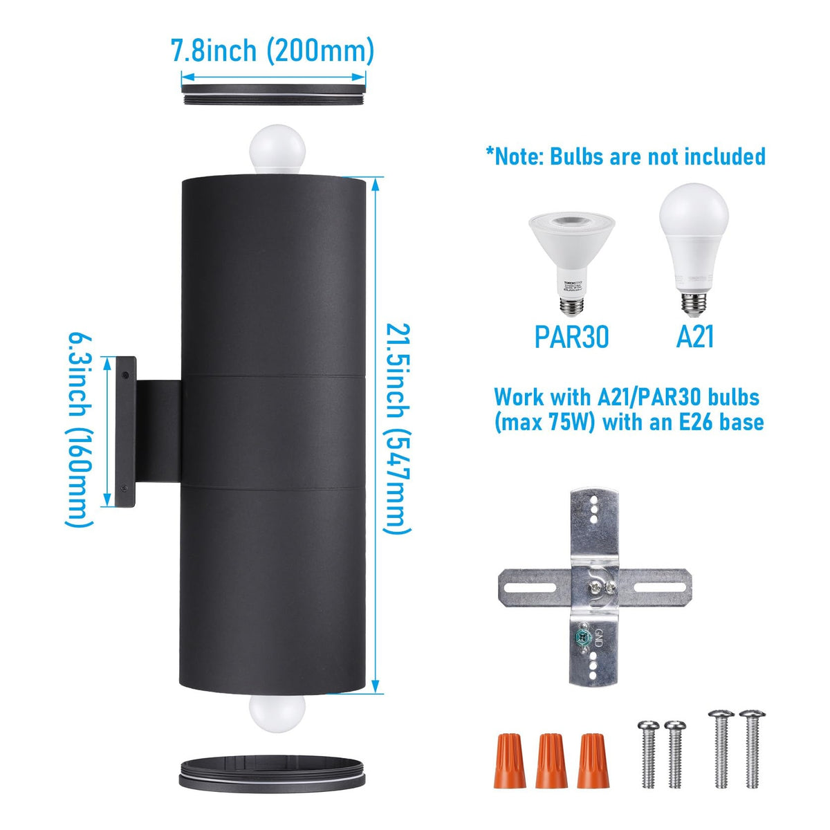 TORCHSTAR 8 Inch Round Cylinder E26 Up Down Outdoor Wall Light - E26 Base - Black