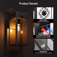 TORCHSTAR 12 Inch Rectangular Glass Lantern Dusk to Dawn Outdoor Wall Light with GFCI - E26 Base - Black