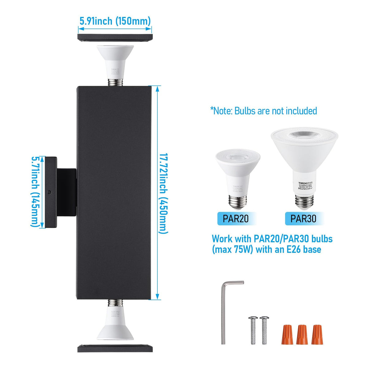TORCHSTAR 6 Inch Square Cylinder E26 Up Down Outdoor Wall Light - E26 Base - Black