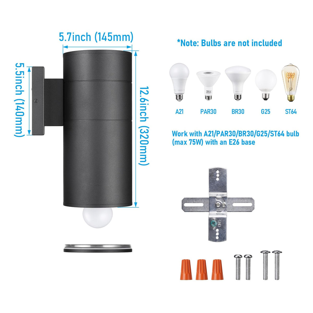 TORCHSTAR 6 Inch Round Cylinder E26 Down Outdoor Wall Light - E26 Base - Black