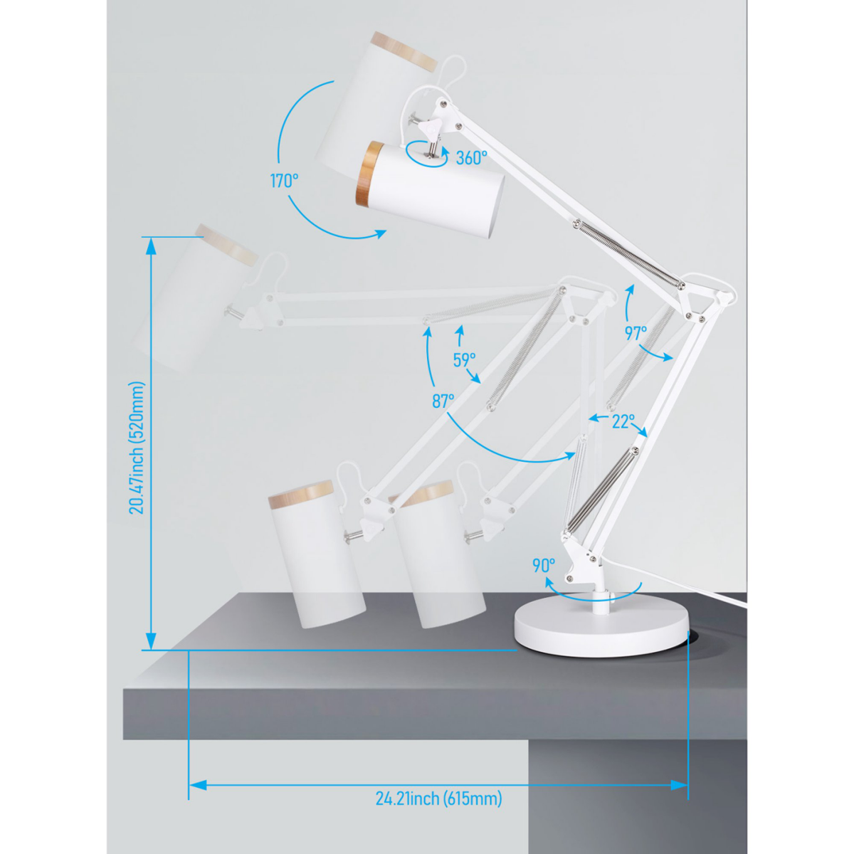 Tall Swing Arm Table Lamp, Height 29.7", E26 Base, Adjustable Desk Lamp, White