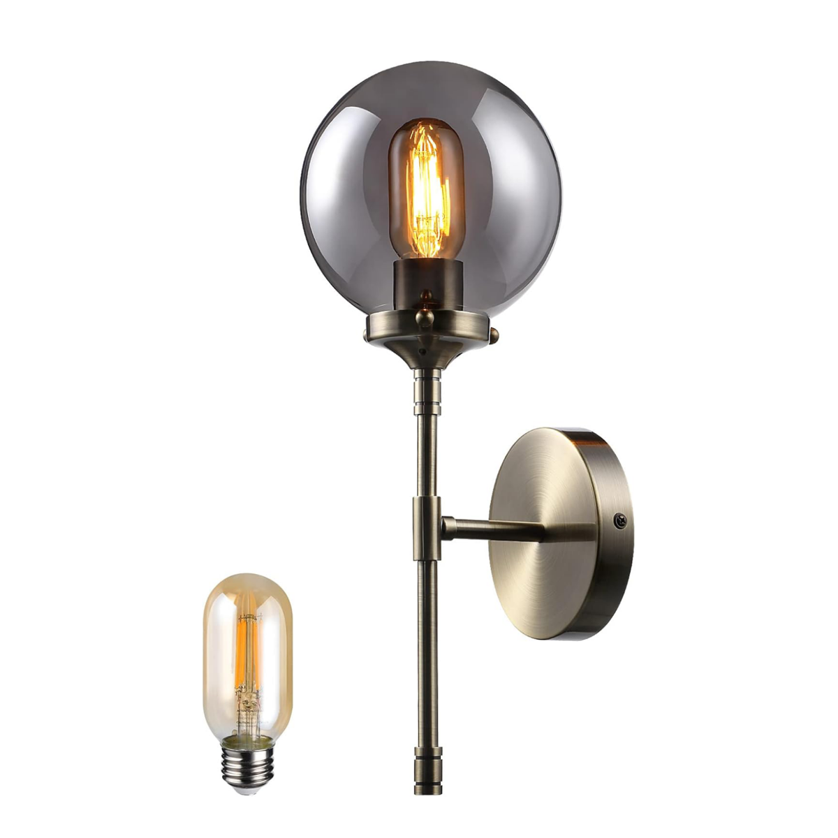 Jecori Vintage Globe Wall Sconce - Smoke Gray - Lamp Ready - T45 E26 Bulb Included