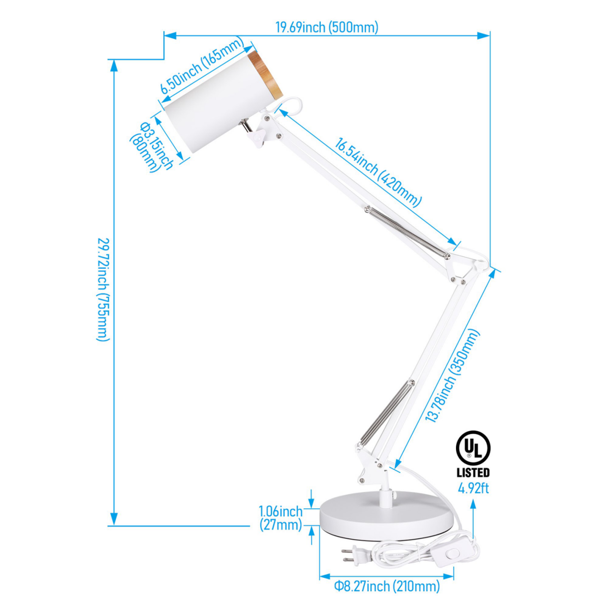 Tall Swing Arm Table Lamp, Height 29.7", E26 Base, Adjustable Desk Lamp, White