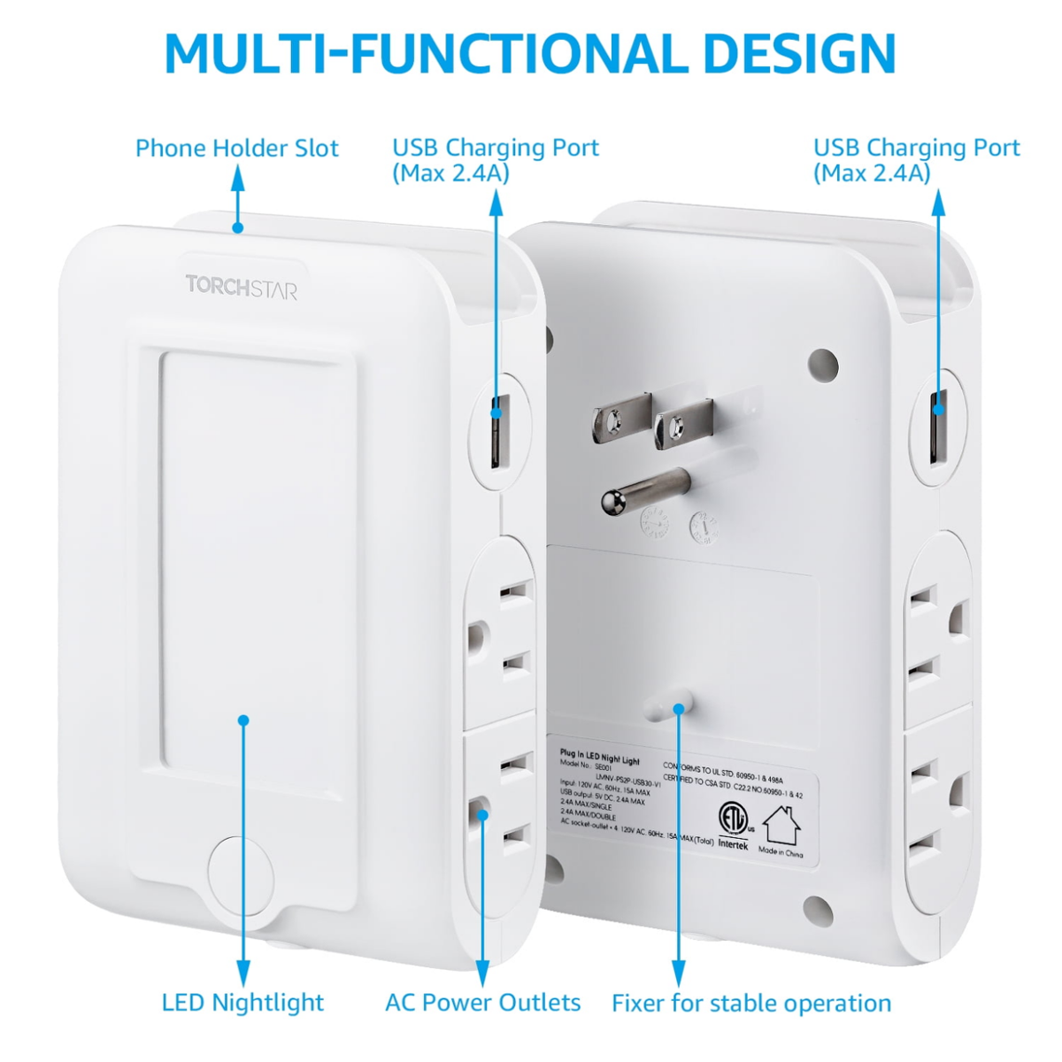 TORCHSTAR Multi Plug Outlet Extender with LED Night Light
