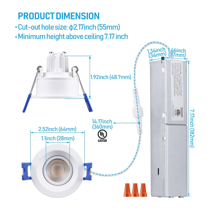 Rotatolux 2" Glare-free Gimbal Canless LED Recessed Light - DL 8W Dimmable with Narrow Beam Angle