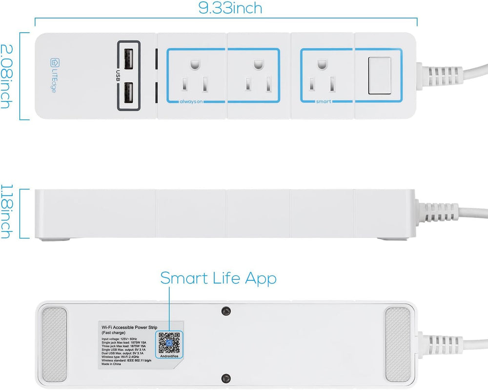 LITEdge Wi-Fi Accessible Smart Power Strip - Triple AC Outlets with 2 USB Charging Port